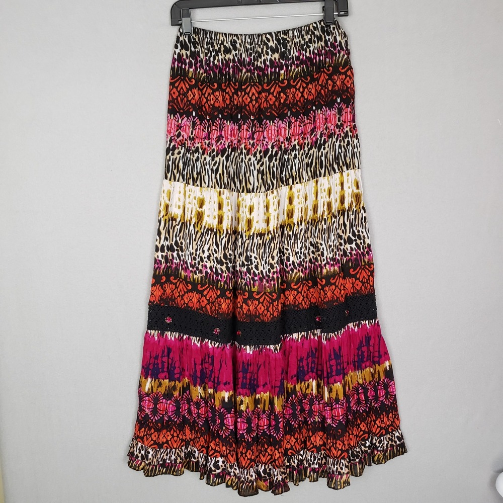Vintage Mixed Print Maxi Skirt Colorful Fairycore Forest Nymph Hippie Boho Small